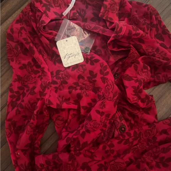 Free People Lucky Shirtee - Floral Red Sheer Button-Up Women's Top - Picture 2 of 3
